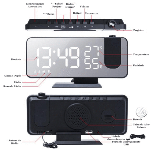 Relógio Digital LED Smart Alarm Com Projetor 180°